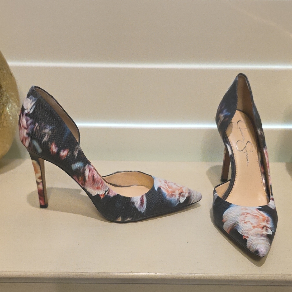 Jessica Simpson Black and Pink Floral Heels